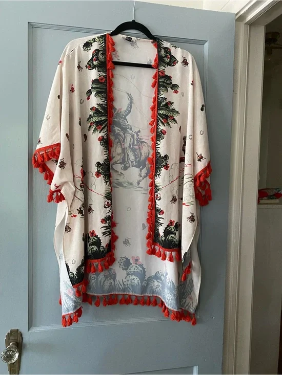Tasha Polizzi Western Cowgirl Duster Kimono Cardigan - Red Orange Trim