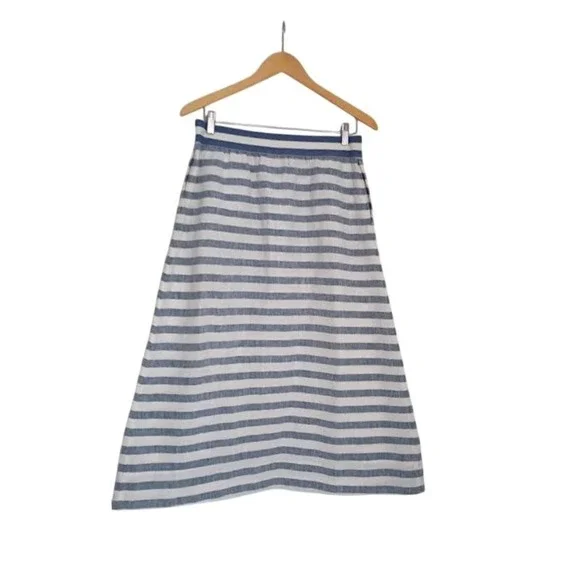 J.‎ Jill Love Linen Blue White Striped A-Line Midi Skirt Elastic Waist Fits S/M