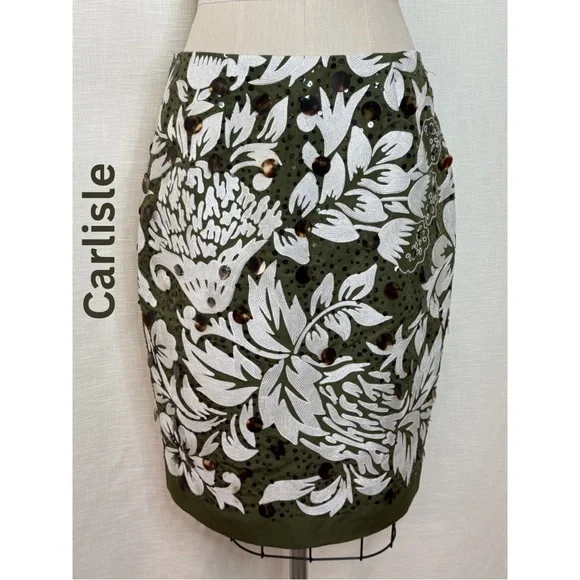 Carlisle Floral Pencil Skirt Size 4 Olive Ivory Statement Designer Workwear