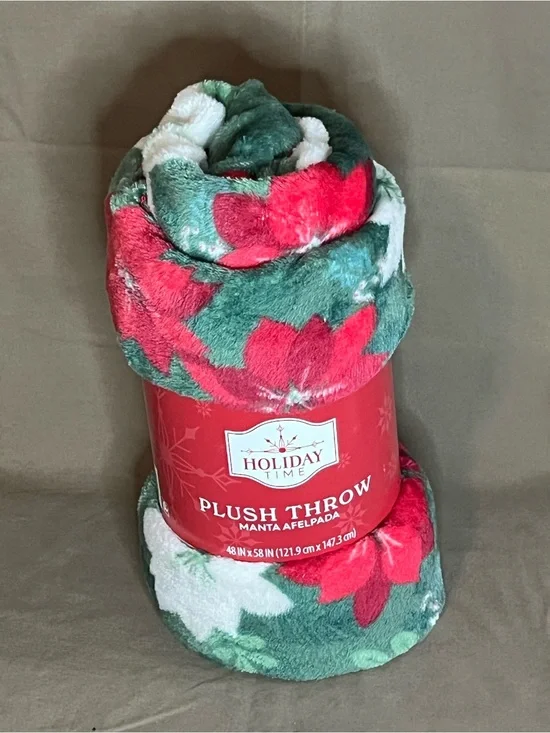 Holiday Time Red, Green and White Poinsettia Plush Holiday Throw