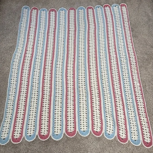 Vtg Mile A Minute Stripe Crochet Afghan Throw Scallop Edge Retro White Pink Blue