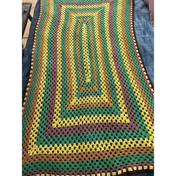 Vintage‎ Crochet Throw Blanket brown/green/yellow 60x35in