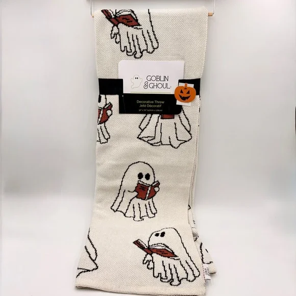Goblin & Ghoul Reading Ghosts Halloween Throw Blanket Cream Orange Bibliophile