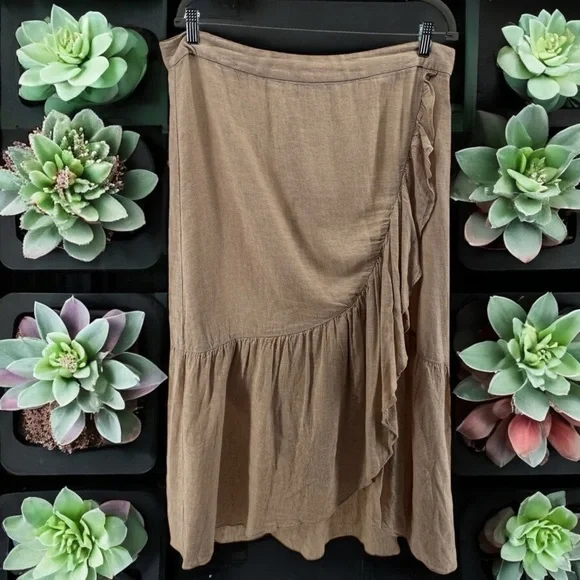 Madewell Tan Linen Blend‎ Tiered Ruffle Midi Skirt Women’s Size 14