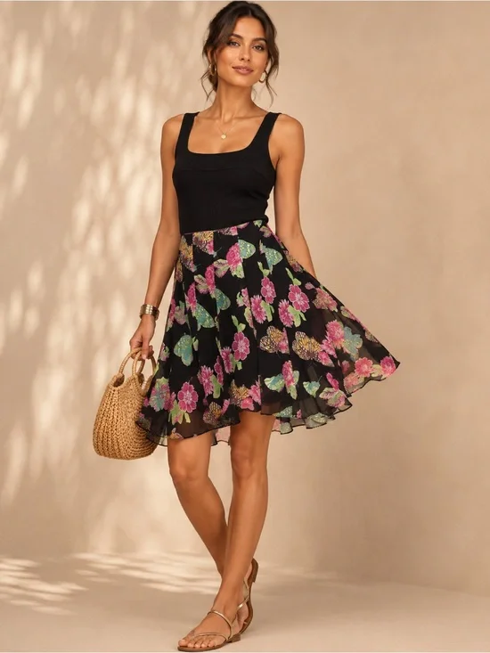 Karen Kane Lifestyle 100% Silk Floral Butterfly Car Wash Skirt Multicolored Sz 6