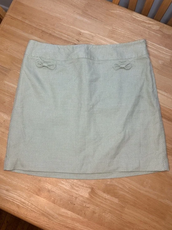 Ann Taylor LOFT Women’s Green Beige Woven Lined Mini Skirt Size 16 Bow Pockets