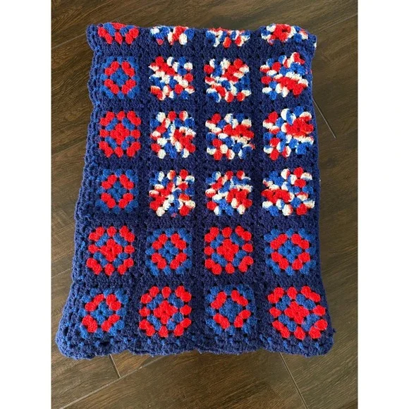 VTG Handmade Patriotic Granny Square Blanket Red White Blue Crochet Afghan 35x50