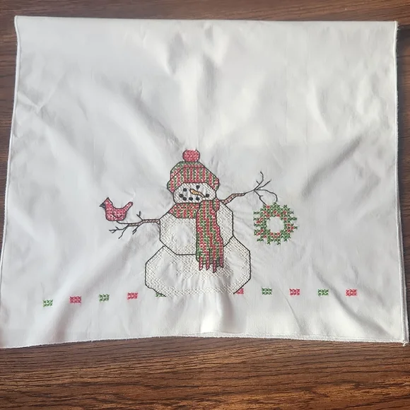 Vtg Festive Snowman Embroidered Holiday Tea Towel