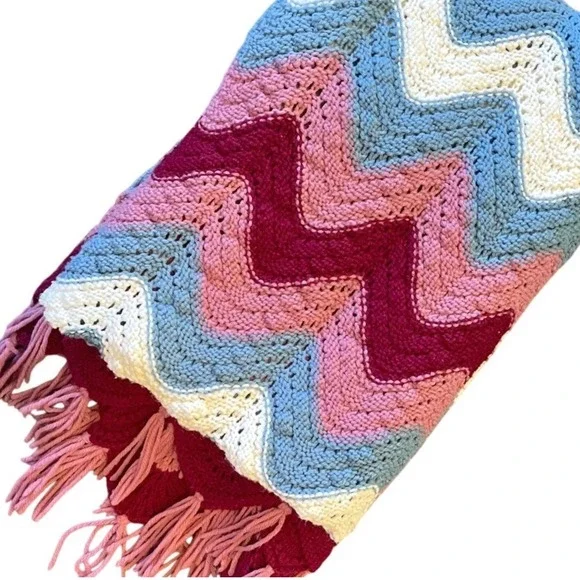 Handmade Granny Crocheted blue pink Blanket boho cottagecore 70s‎ afghan chevron