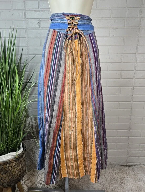 Boho Stripe Lace Up Maxi Skirt Size Small