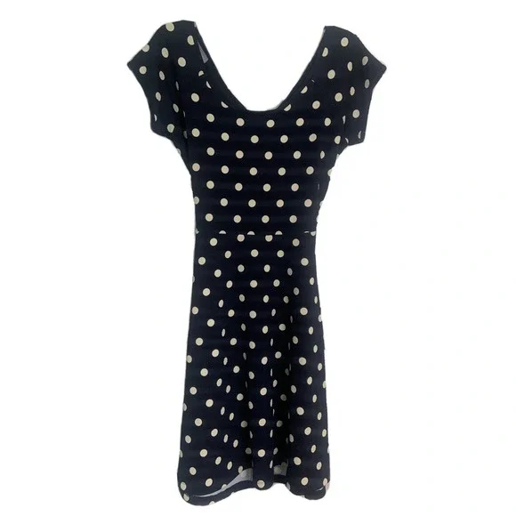Gilli Navy Blue Polka Dot‎ Skater Dress Back Cutout Cap Sleeve Fit Flare Medium