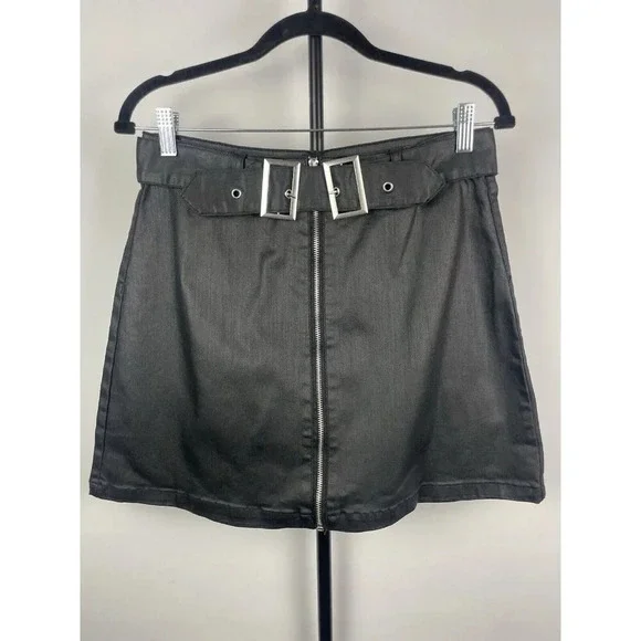 Amp Black Faux Leather Waxed Front Zip Goth Punk Mini Skirt With Belt Size‎ L