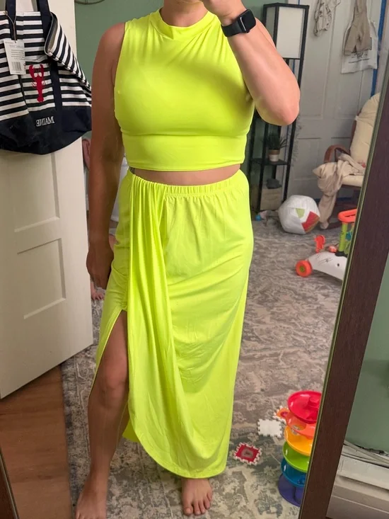 Zaful Neon Yellow High-Slit Maxi Skirt Set