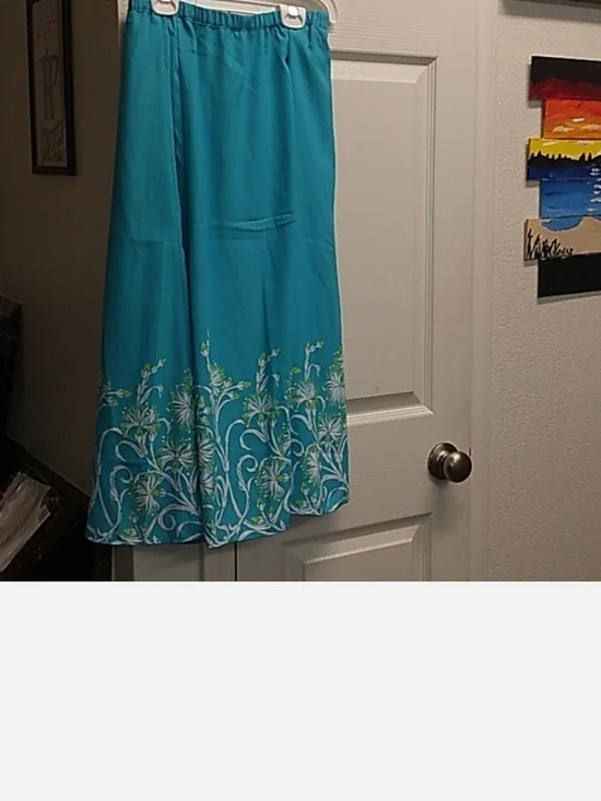 Bob Mackie Turquoise Floral Border Maxi Skirt