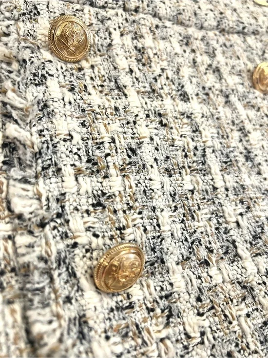NWT DO+BE Anthro S cream Black Bouclé tweed Mini Skirt Gold Buttons academia