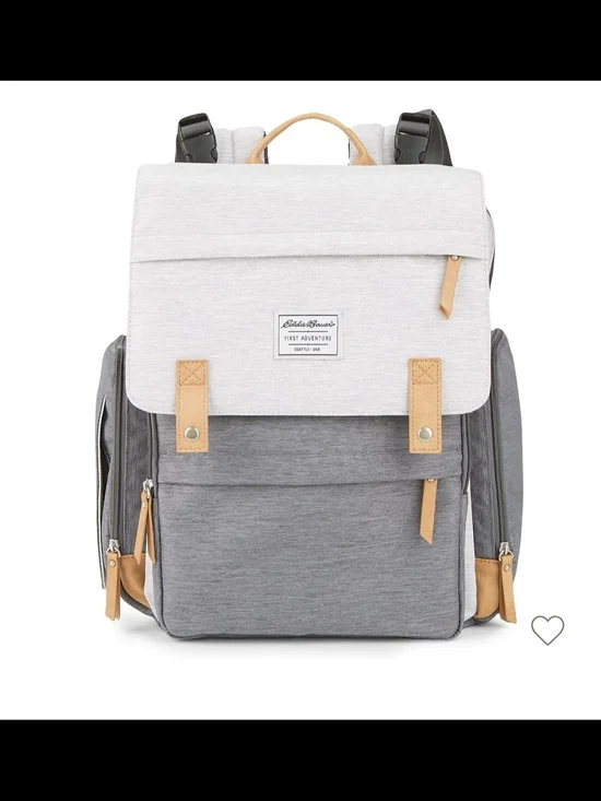 Eddie Bauer Light Gray and Gray Diaper Backpack with Tan Accents