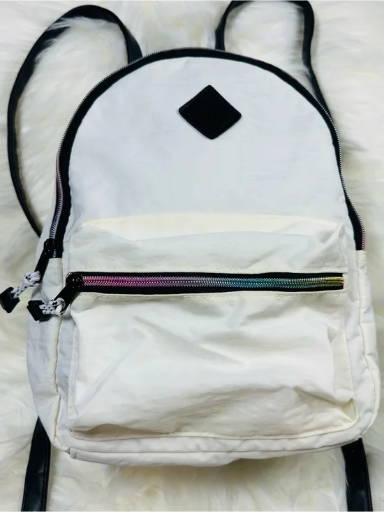 Claire's White Backpack with Black Trim and Multicolor Zipper