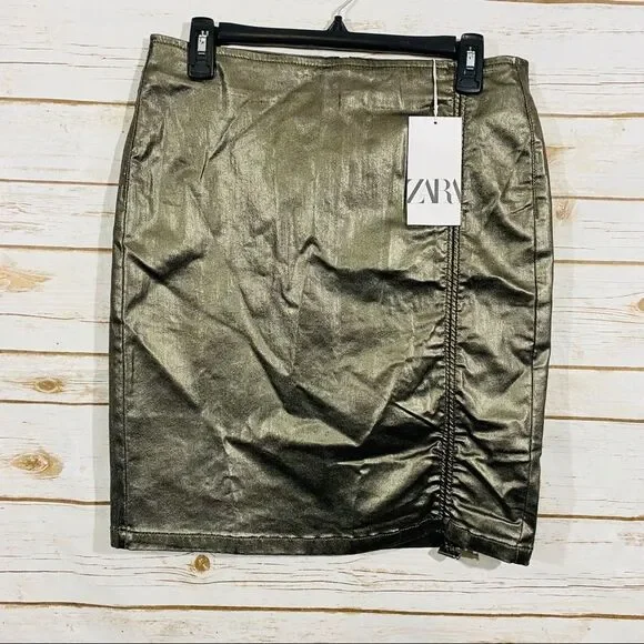New Women's Zara metallic green pencil drawstring skirt size S