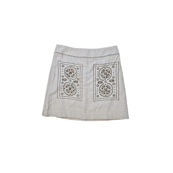 Anthropologie Floreat Linen Blend Beaded Embroidered Skirt 6 Oatmeal Hippie Boho