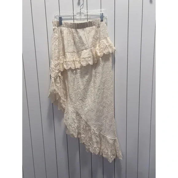 MABLE Lace Maxi Skirt Womens Large Cream Asymmetrical Ruffle Cottagecore