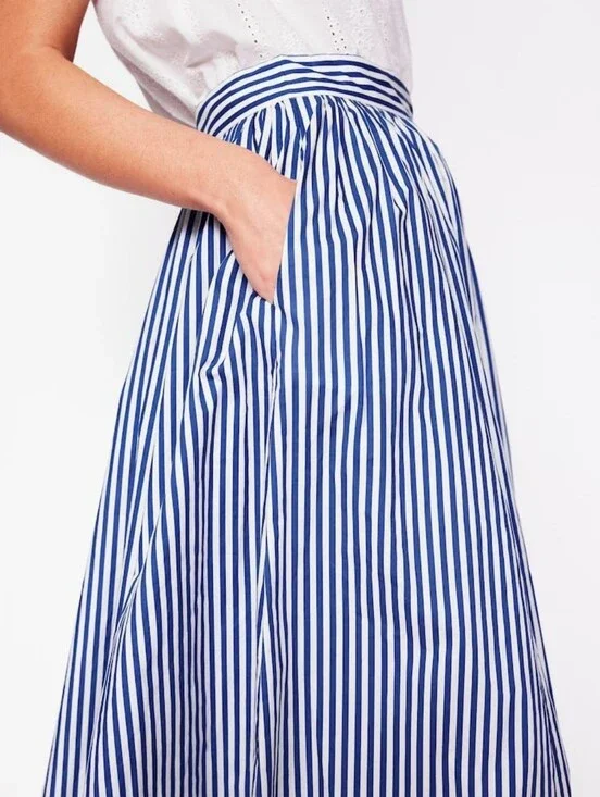 Boden Blue 100% Cotton Full Poplin Midi Skirt, US4 Regular, A-line Maxi Skirt