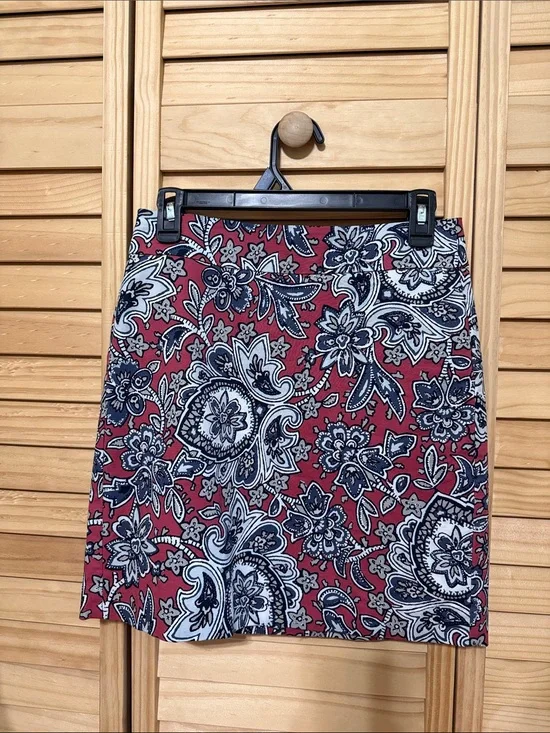 LOFT Red Paisley Mini Skirt with Navy and White Print