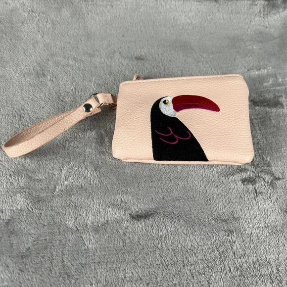 Kids Pink Pebbled Faux Leather Toucan Embroidered Wristlet Coin Purse Zip Pouch