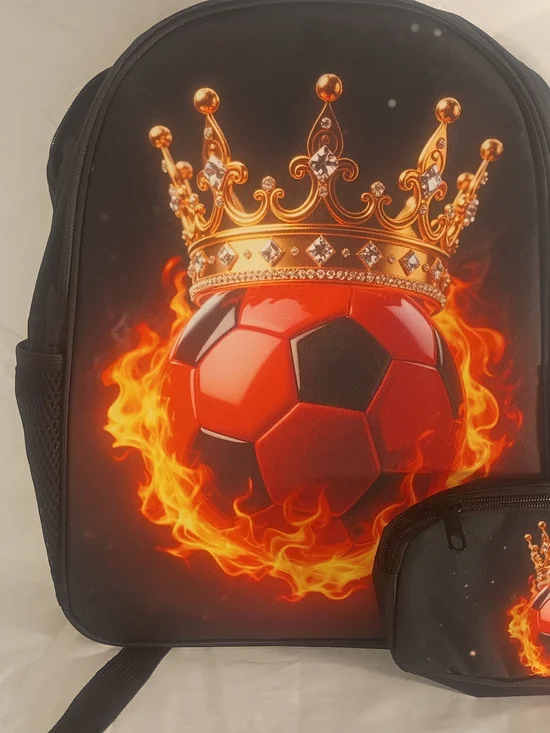 Kids Black Backpack with Red Flame Soccer Design