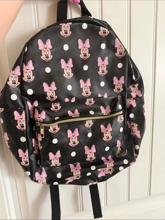 Disney Black Backpack with Pink Minnie Faces and White Polka Dots