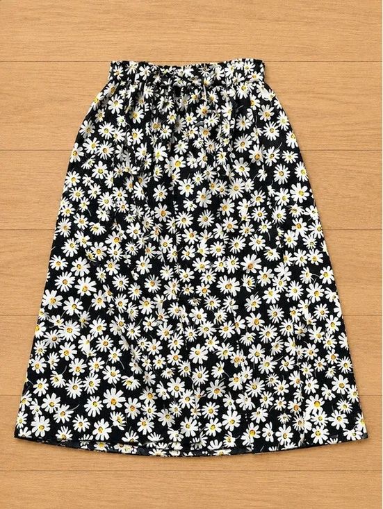 SHEIN Daisy Floral Midi Skirt Black White Size M NWOT Cottagecore