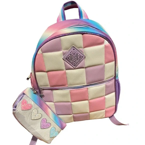 Miss Gwen's OMG pink/purple Checkboard backpack with‎ Heart pencil pouch
