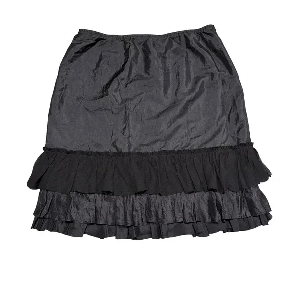 Eileen Fisher 100% Silk Taffeta Ruffle Hem Knee Length Skirt Black Washed Small