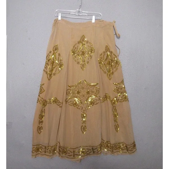 Vintage Soft Surroundings Skirt Gold Sequin Glam Ethereal Boho Maxi Tassel Fairy
