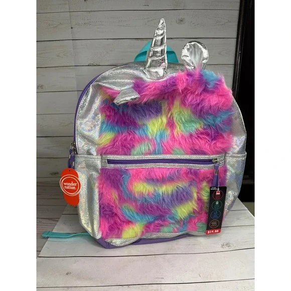 Wonder Nation Unicorn Backpack Silver Holographic Rainbow Faux‎ Fur 17 Inch NWT