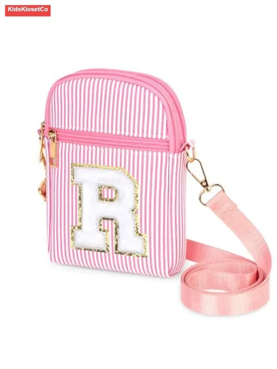 Initial Crossbody Bag for Girls, Pink Stripe Phone Purse with Letter Patch