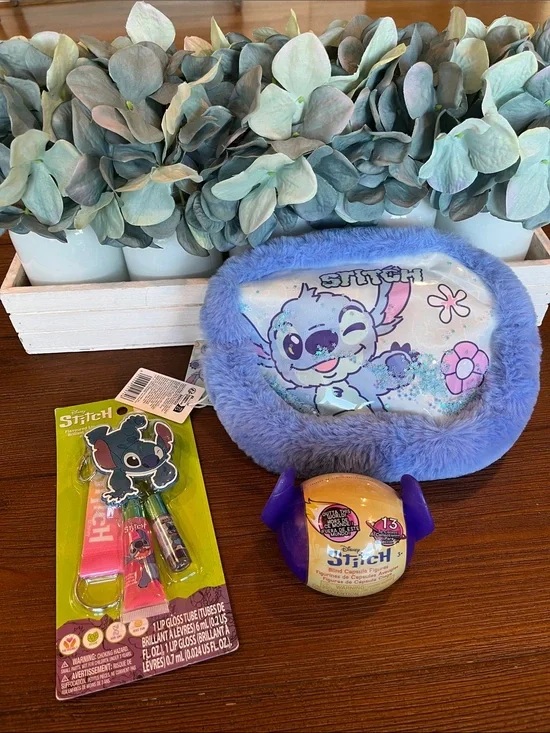 NWT Stitch Plush Glitter Pouch, BlindBox Stitch Figure,Stitch Lipgloss keychain