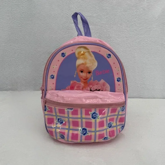 Vintage Barbie Mini Backpack 1996 Pink Plaid Rose Floral Glossy PVC Rare 90s Bag