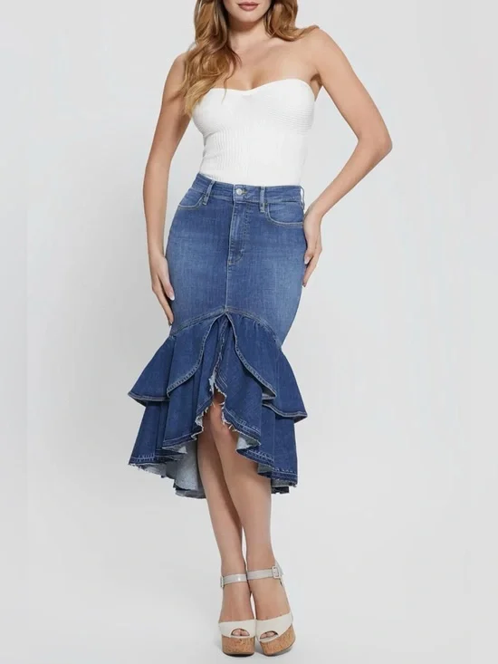 NWT Guess Eco Marina Denim Mermaid Jean Skirt in Lady Conch Sz 31 Summer Boho