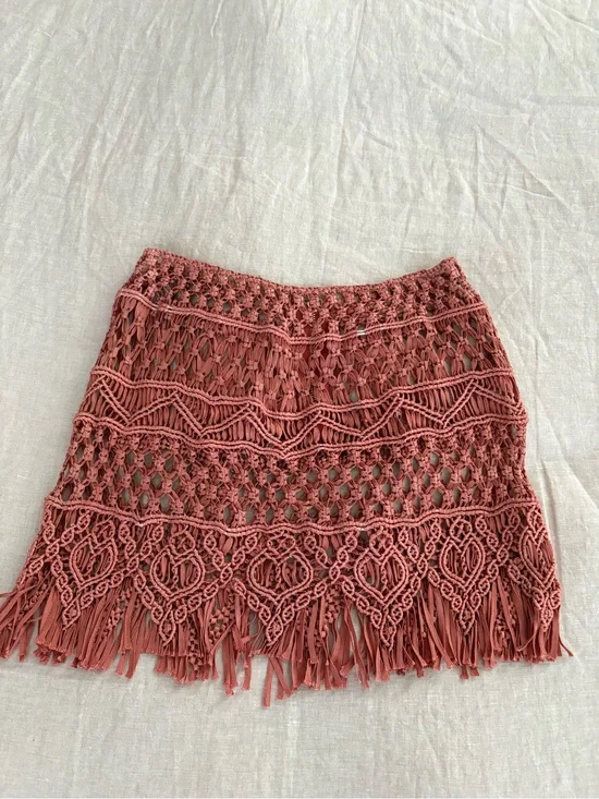 Bronx and Banco Crochet Knit Fringe Mini Skirt Beach Cover Up