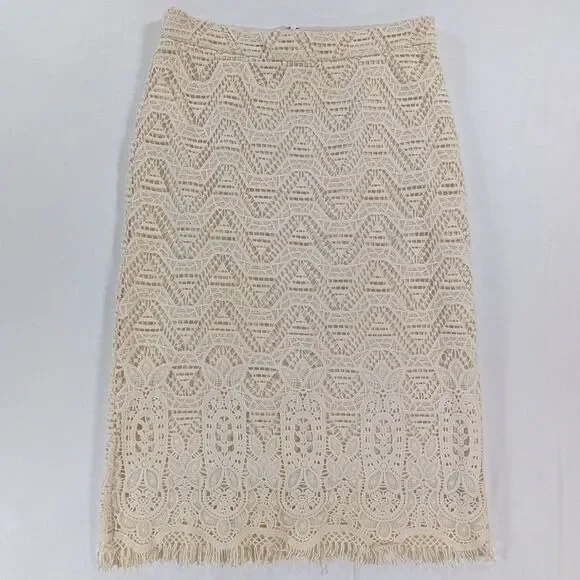 Maeve by Anthropologie Crochet Pencil Skirt Ivory Fringe 6 Boho Coastal Festival