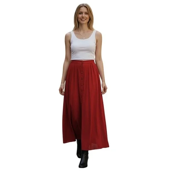 Maeve‎ Anthropologie Red Pleated Button Front Maxi Skirt Fits S Elastic Wst $118