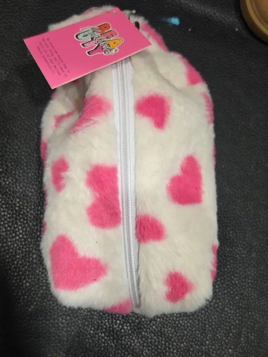 fluff White Plush Zipper Pouch with Pink Hearts
