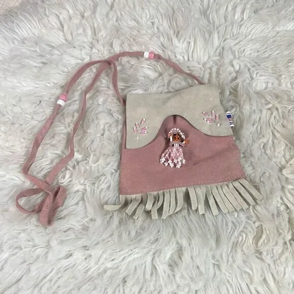 Southwestern Leather Girls Purse Crossbody Bag Beaded Doll Fringe Made in USA