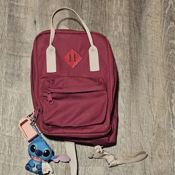 Maroon Mini Backpack Kids Compartments Handles Lilo & Stitch Key Chain