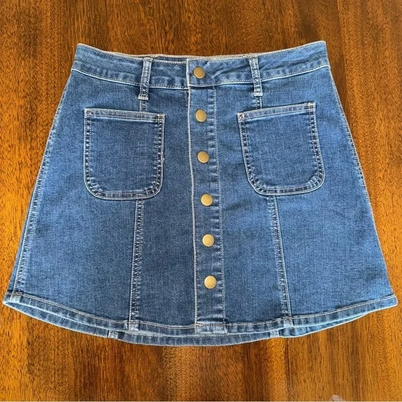 Altar'd State Jean Snap Button Up Mini Skirt Front Pockets Denim Size XS‎