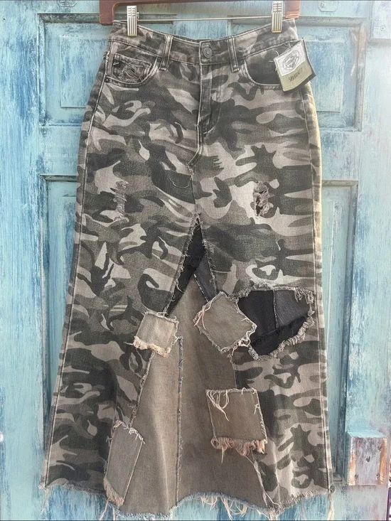 Upcycled KanCan tattered camouflage patched skirt
