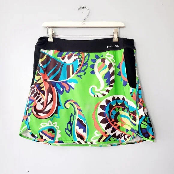 RLX Ralph Lauren Paisley Print Golf Tennis Skort Skirt Size Large Bright Green
