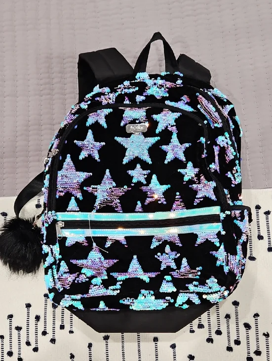 Justice Black Backpack with Iridescent Sequin Stars