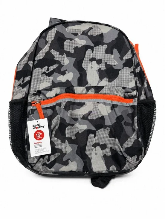 Dealworthy Gray Black Camo Laptop Backpack Orange Accent NWT