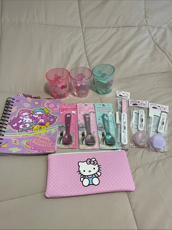 Sanrio Bundle: includes cups, utensils, notebook and zippered pouch.